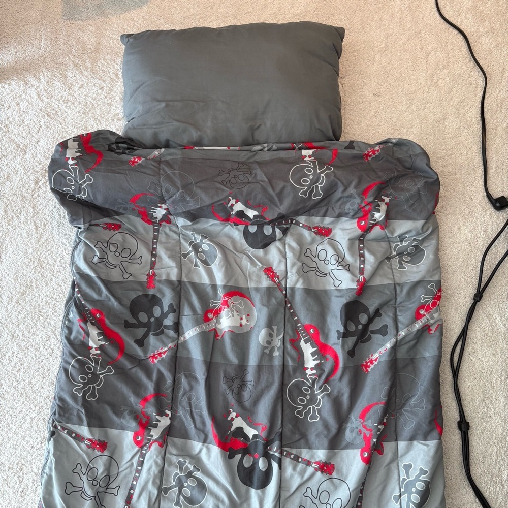 Kids Gray and Red Skull Sleeping Bag & Attached Pillow
